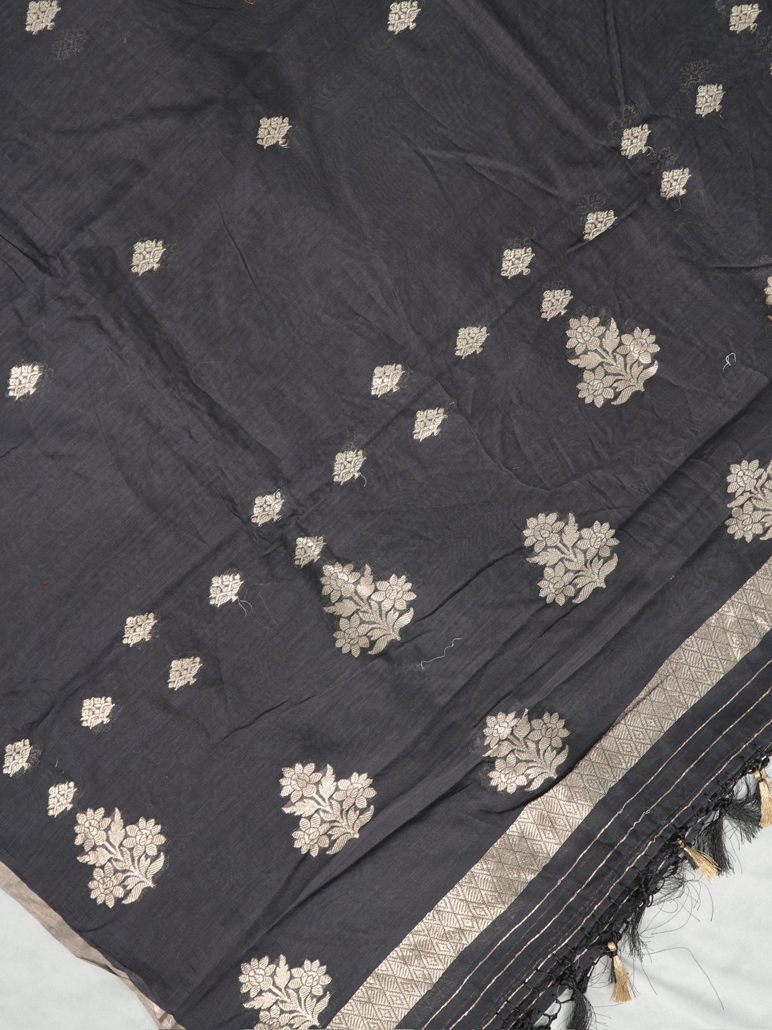 Handwoven Banarasi Pure Munga Silk Dupatta – Charcoal Black with Silver Zari