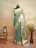 Banarasi Pure Tissue Silk Saree - Sage Green with Fine Gold Zari Floral Borders