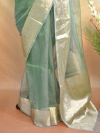 Banarasi Pure Tissue Silk Saree - Sage Green with Fine Gold Zari Floral Borders