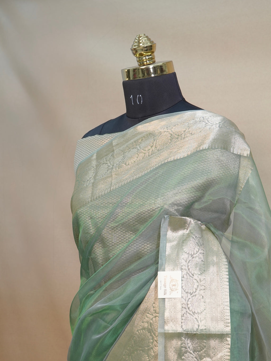 Banarasi Pure Tissue Silk Saree - Sage Green with Fine Gold Zari Floral Borders