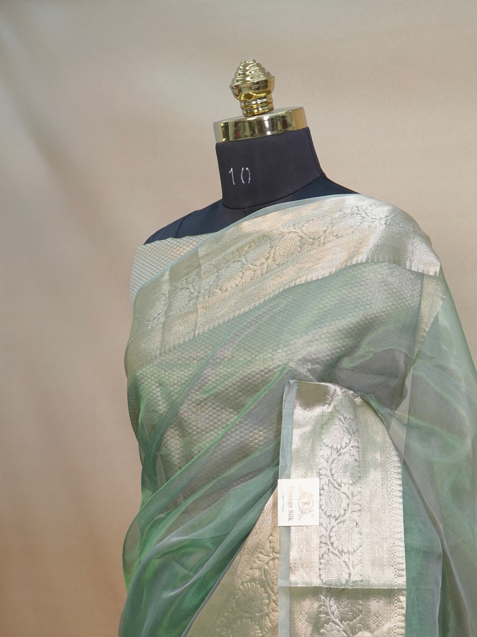 Banarasi Pure Tissue Silk Saree - Sage Green with Fine Gold Zari Floral Borders