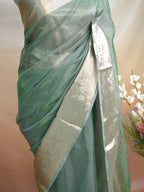 Banarasi Pure Tissue Silk Saree - Sage Green with Fine Gold Zari Floral Borders