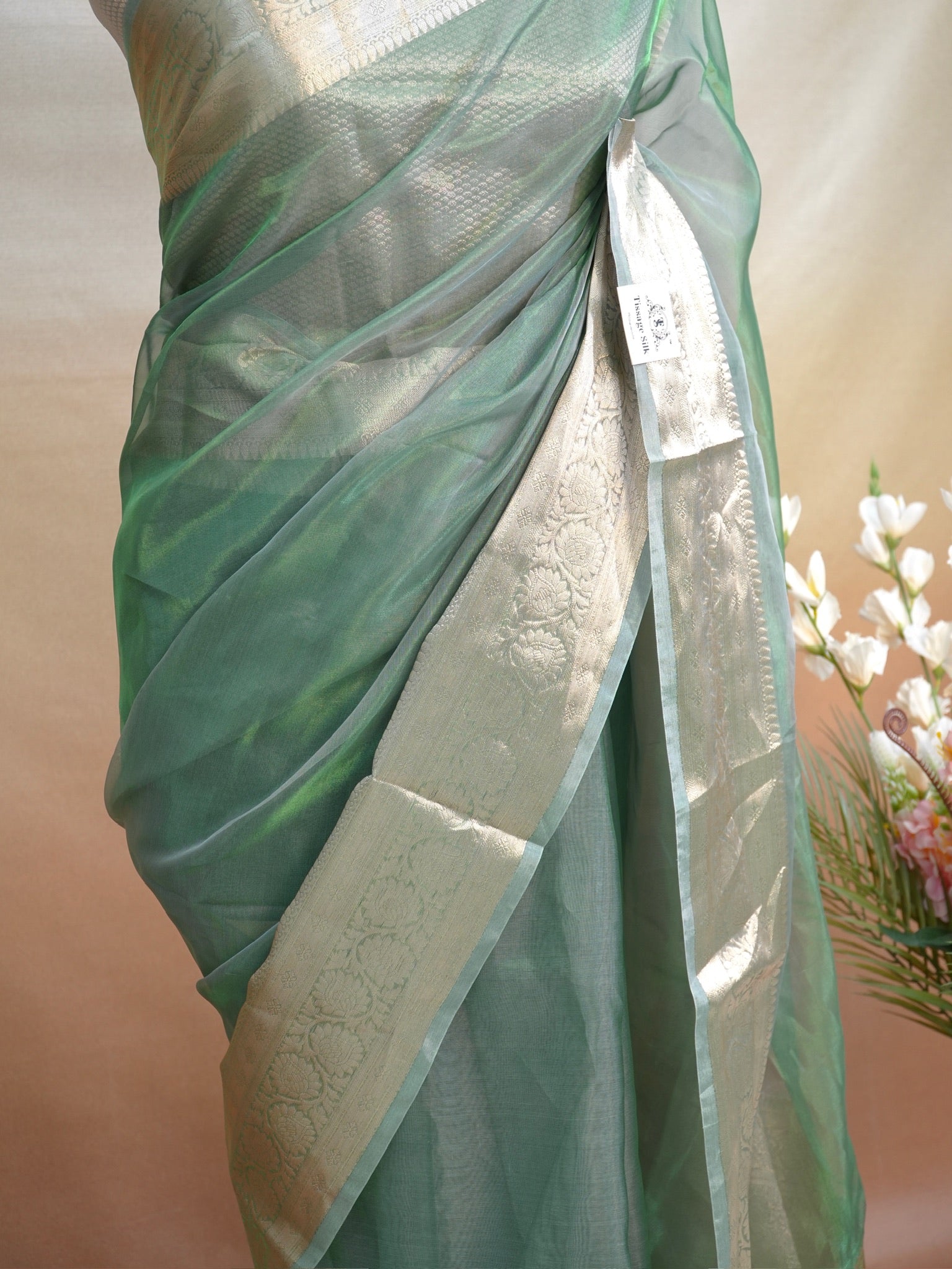 Banarasi Pure Tissue Silk Saree - Sage Green with Fine Gold Zari Floral Borders