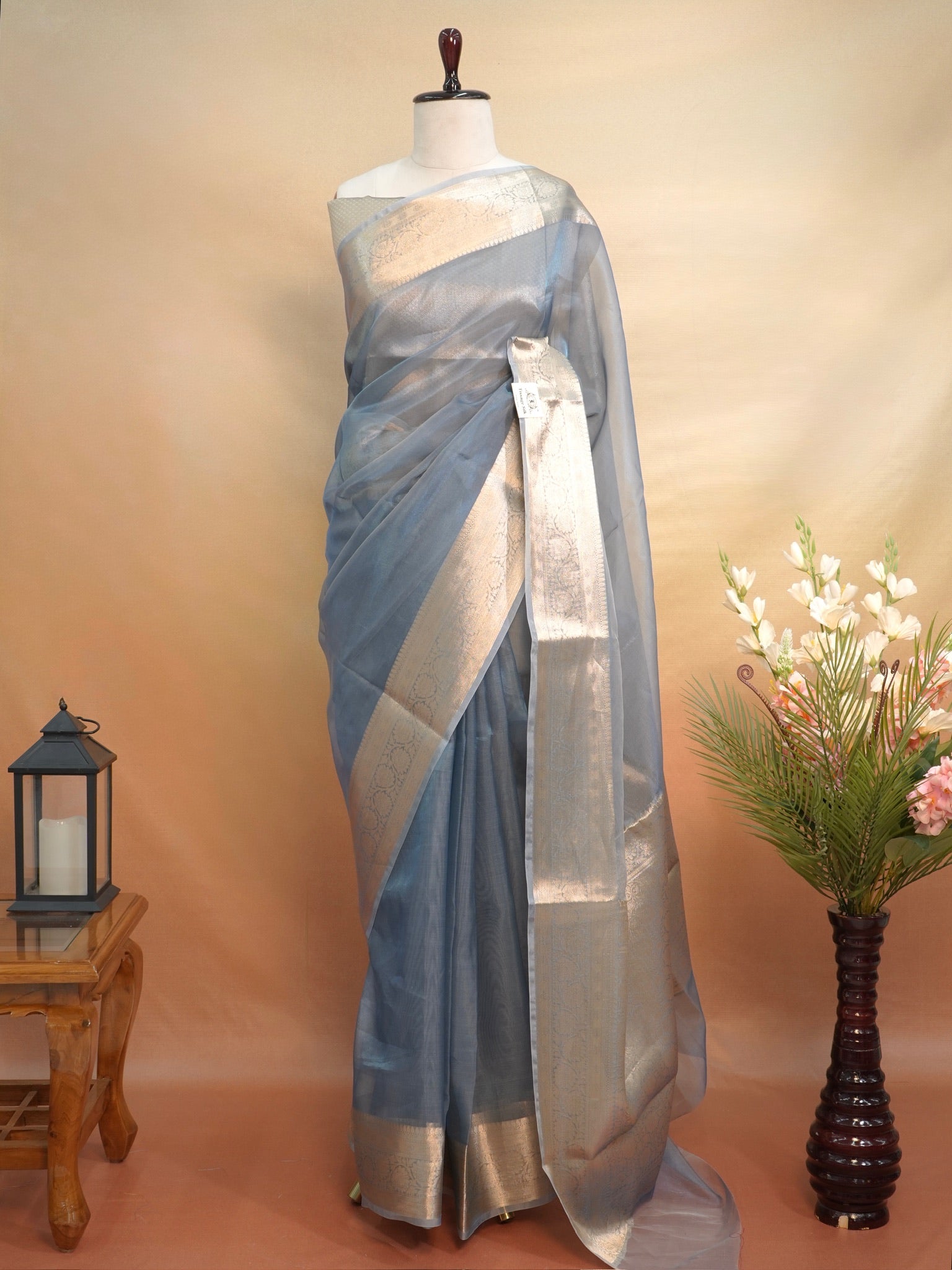 Banarasi Pure Tissue Silk Saree-Steel Blue with Silver Zari