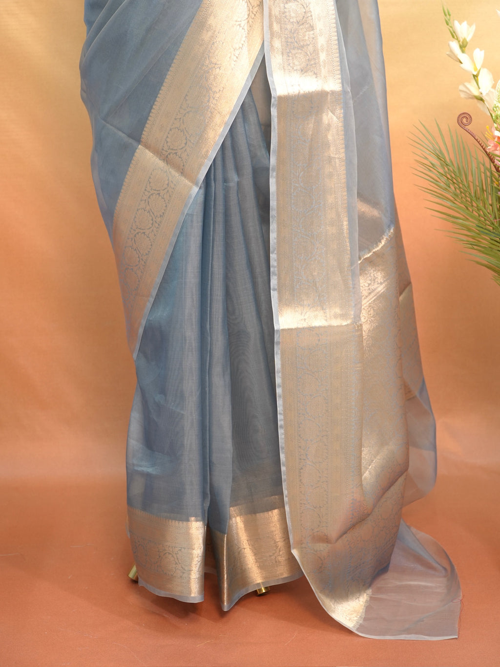 Banarasi Pure Tissue Silk Saree-Steel Blue with Silver Zari