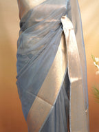 Banarasi Pure Tissue Silk Saree-Steel Blue with Silver Zari