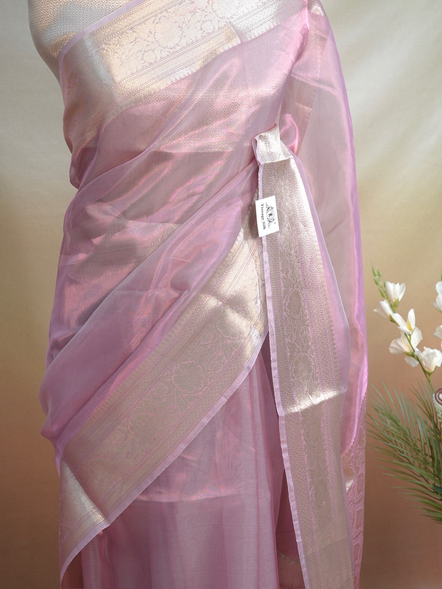 Banarasi Pure Tissue Silk Saree – Powder Pink with Silver-Gold Zari