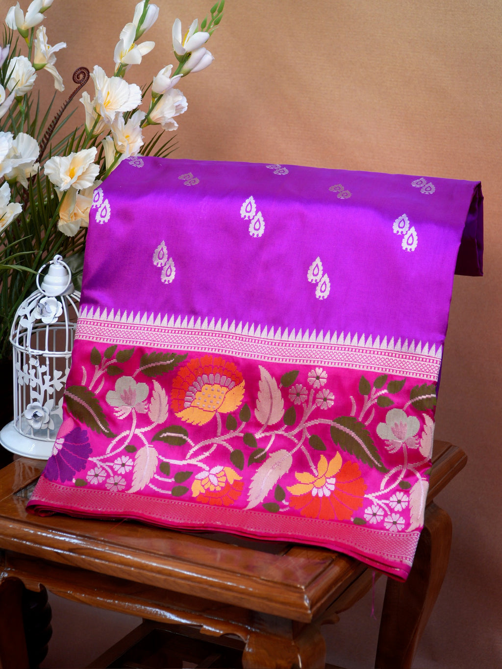 Magenta Pink Banarasi Pure Katan Silk Tilfi Kadhwa Saree with Meenakari