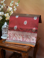 Dual-Tone Rust Red & Gold Banarasi Pure Katan Silk Tilfi Kadhwa Saree with Contrast Mustard Yellow Blouse