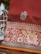 Dual-Tone Rust Red & Gold Banarasi Pure Katan Silk Tilfi Kadhwa Saree with Contrast Mustard Yellow Blouse