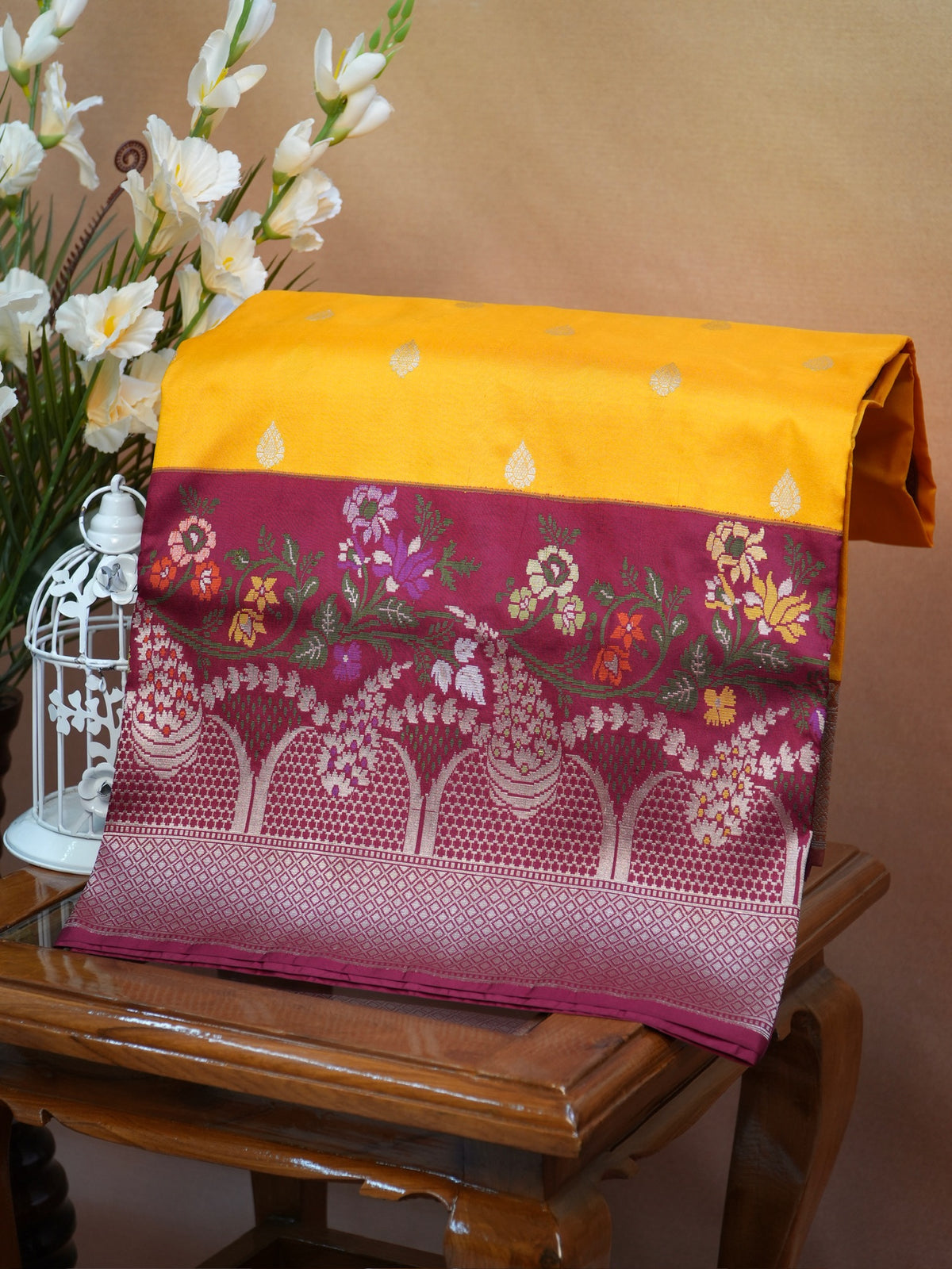 Bright Yellow & Magenta Banarasi Pure Katan Silk Tilfi Kadhwa Saree with Meenakari