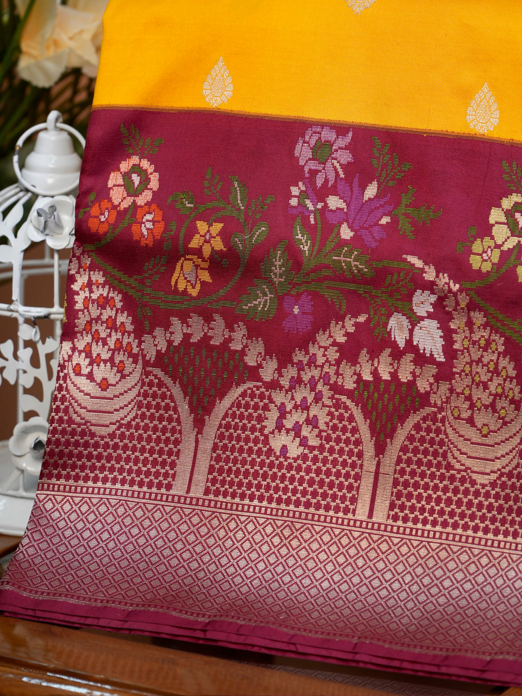 Bright Yellow & Magenta Banarasi Pure Katan Silk Tilfi Kadhwa Saree with Meenakari