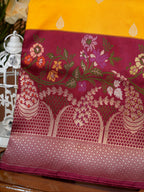 Bright Yellow & Magenta Banarasi Pure Katan Silk Tilfi Kadhwa Saree with Meenakari