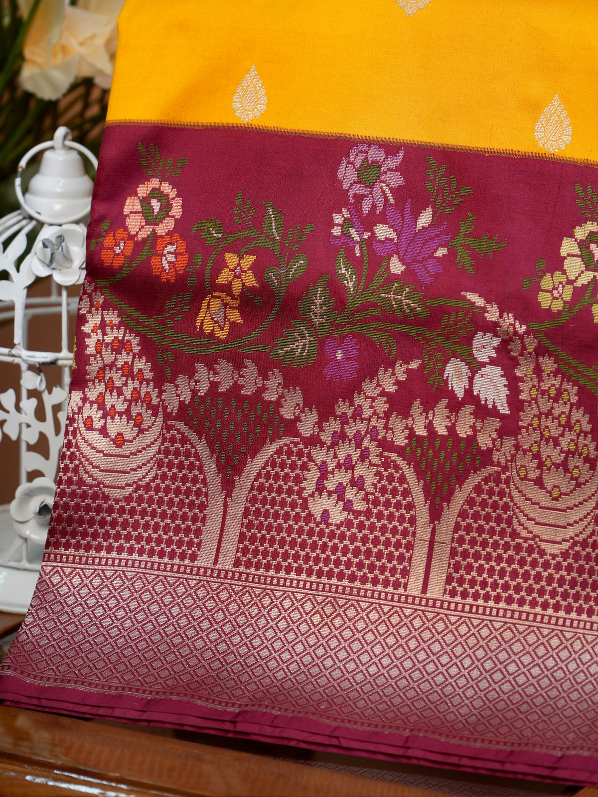 Bright Yellow & Magenta Banarasi Pure Katan Silk Tilfi Kadhwa Saree with Meenakari
