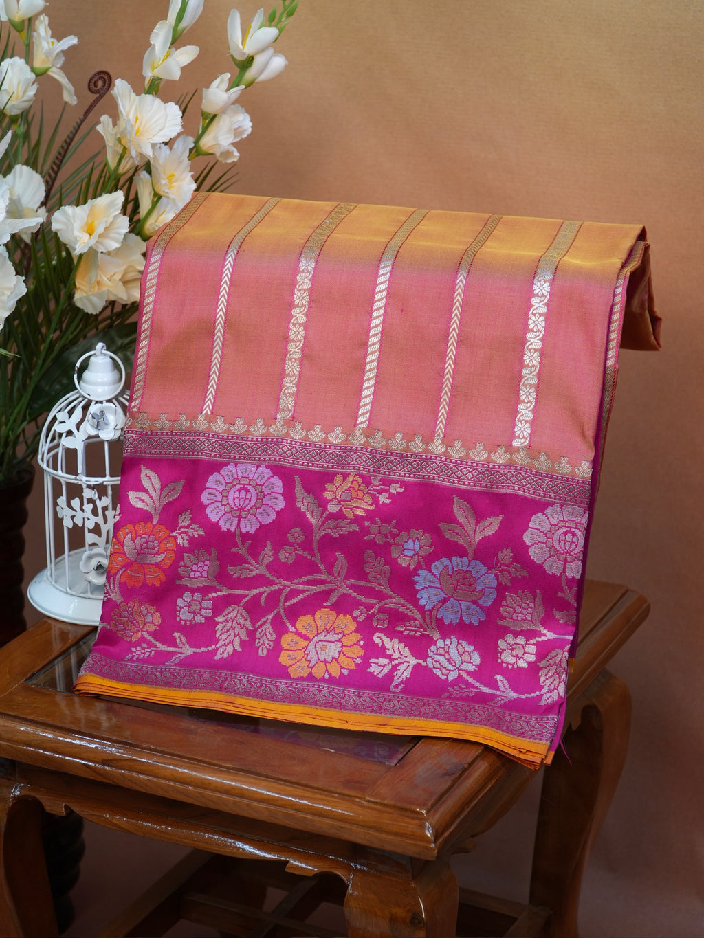 Dual-Tone Peach Gold & Rani Pink Banarasi Pure Katan Silk Tilfi Kadhwa Saree with Meenakari