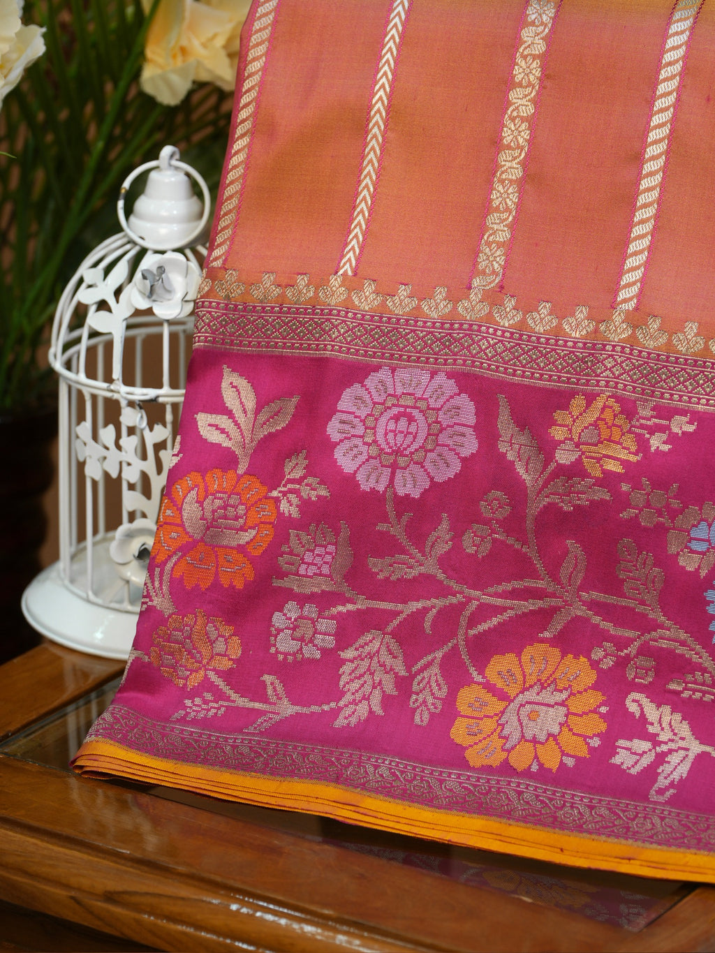 Dual-Tone Peach Gold & Rani Pink Banarasi Pure Katan Silk Tilfi Kadhwa Saree with Meenakari