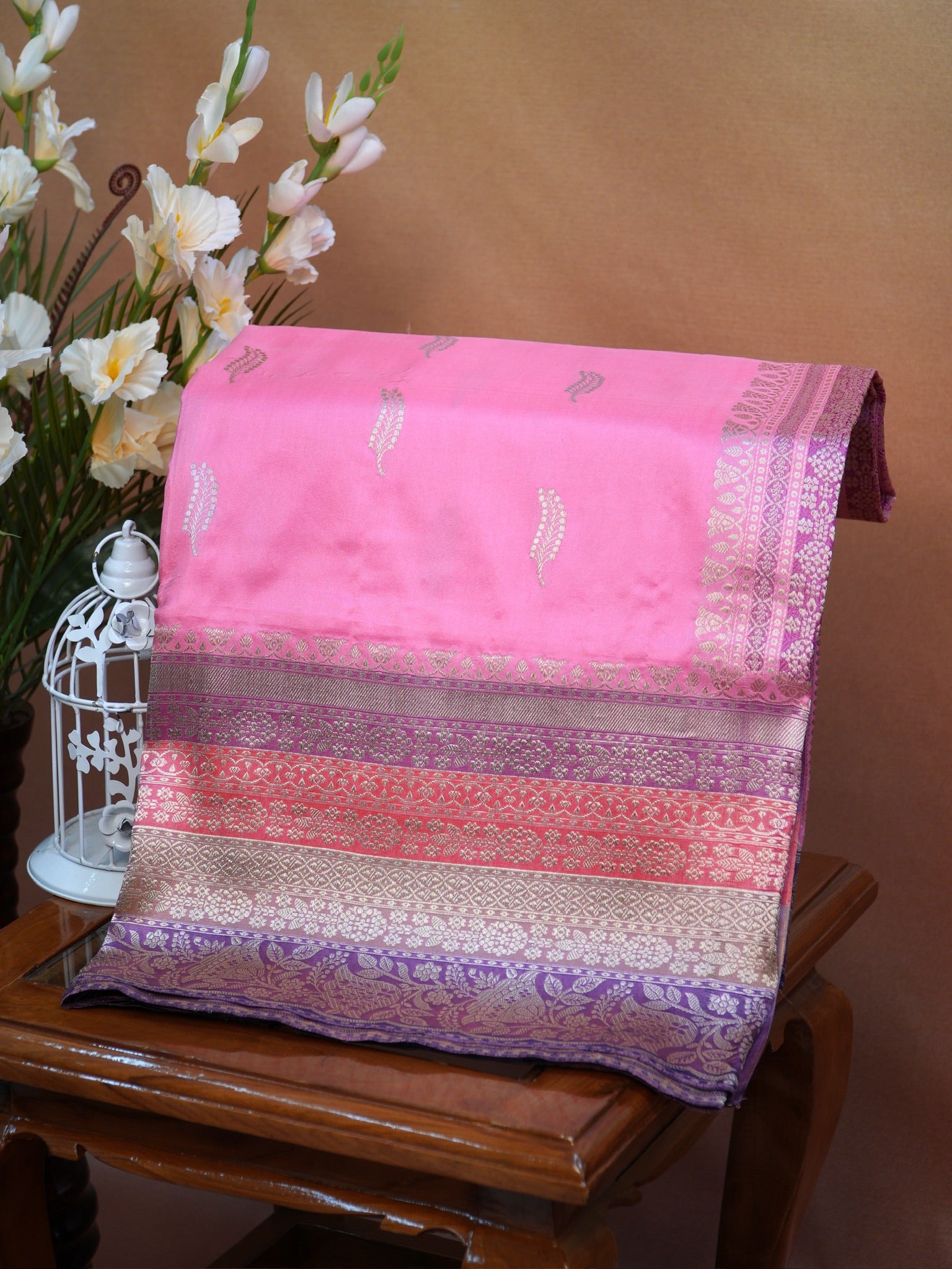 Baby Pink Banarasi Pure Katan Silk Tilfi Kadhwa Saree with Meenakari