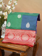 Color-Blocked Royal Blue, Teal & Emerald Green Banarasi Pure Katan Silk Kadhwa Saree with Contrast Red Pallu
