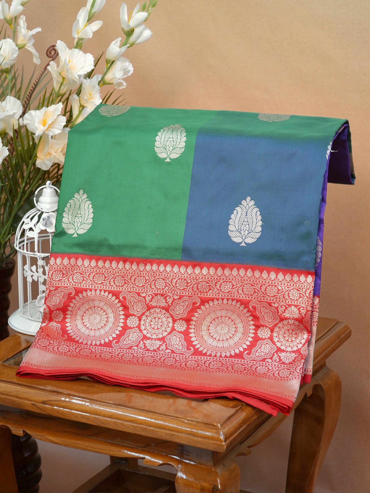 Color-Blocked Royal Blue, Teal & Emerald Green Banarasi Pure Katan Silk Kadhwa Saree with Contrast Red Pallu