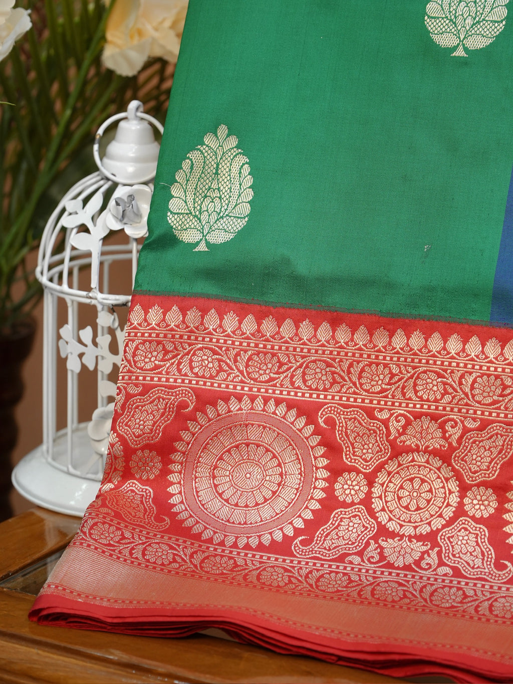 Color-Blocked Royal Blue, Teal & Emerald Green Banarasi Pure Katan Silk Kadhwa Saree with Contrast Red Pallu