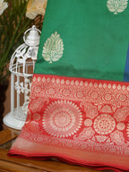 Color-Blocked Royal Blue, Teal & Emerald Green Banarasi Pure Katan Silk Kadhwa Saree with Contrast Red Pallu