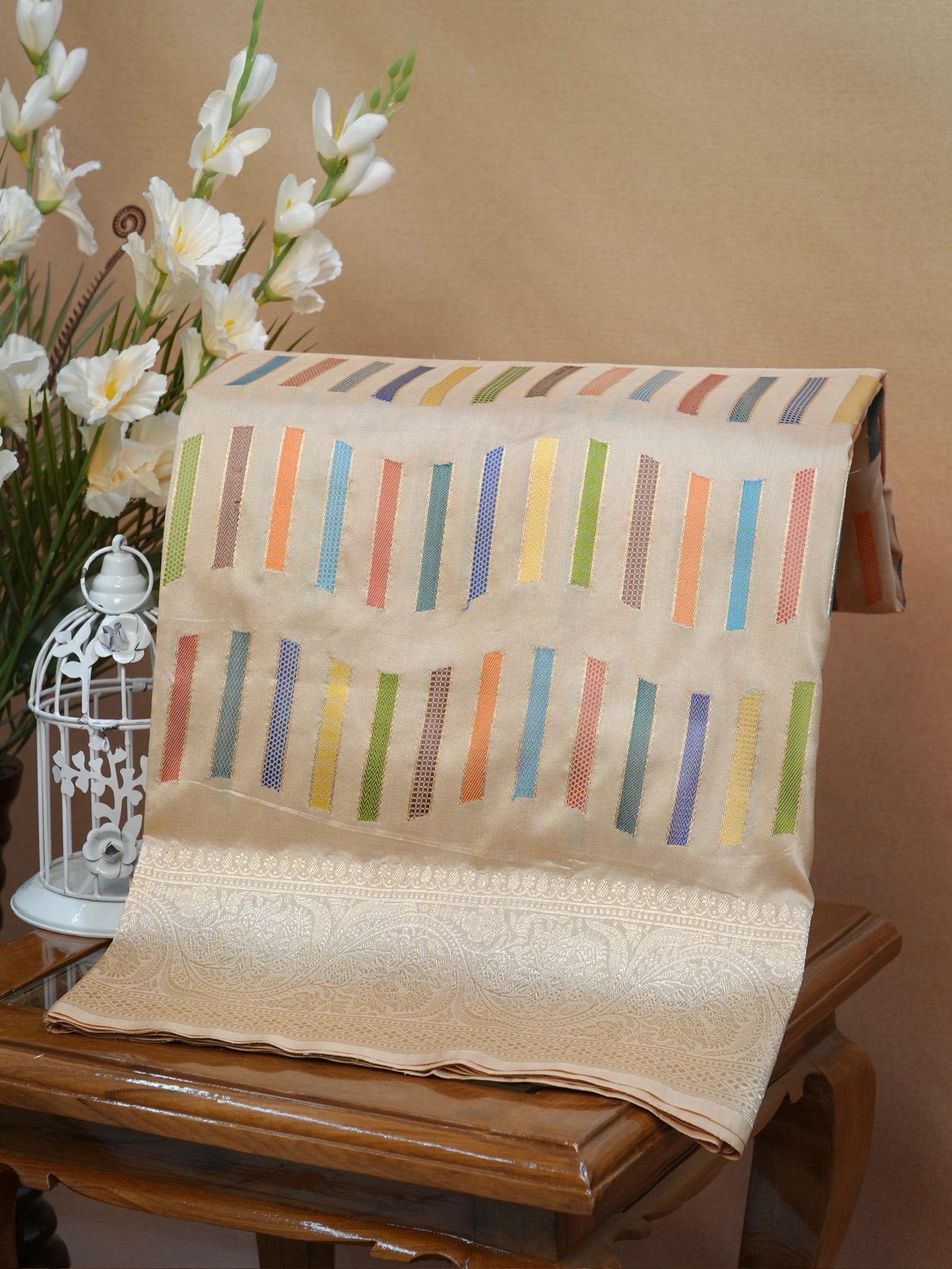 Beige Off-White Banarasi Pure Katan Silk Kadhwa Saree with Multi-Colored Geometric Stripes &amp; Silver Zari
