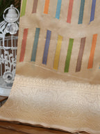 Beige Off-White Banarasi Pure Katan Silk Kadhwa Saree with Multi-Colored Geometric Stripes &amp; Silver Zari