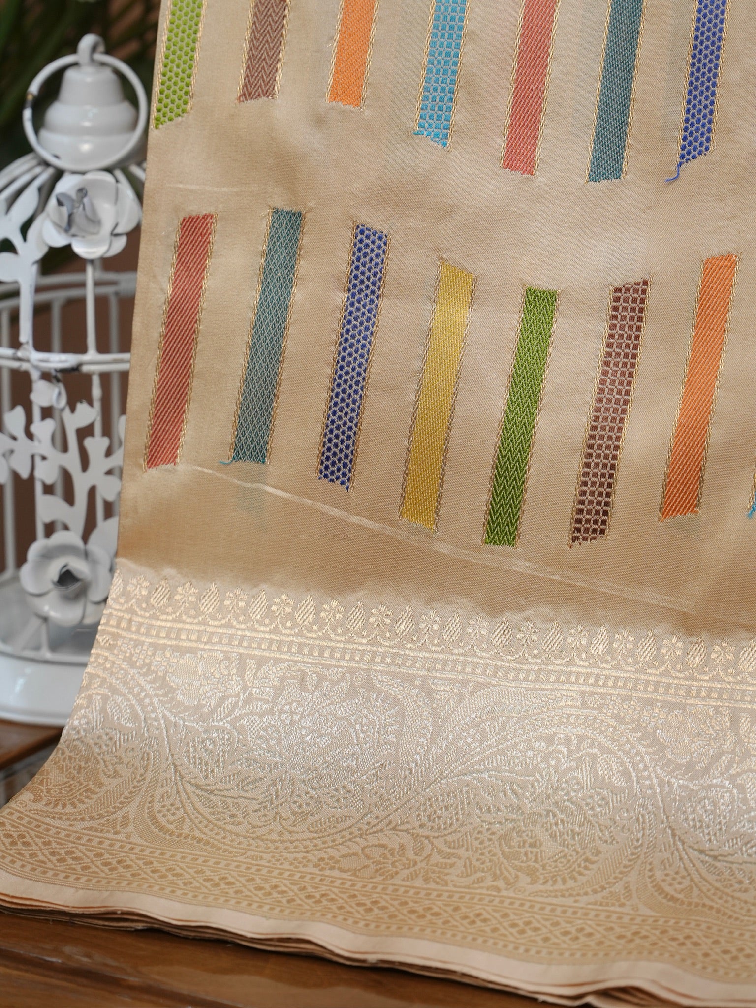 Beige Off-White Banarasi Pure Katan Silk Kadhwa Saree with Multi-Colored Geometric Stripes &amp; Silver Zari