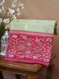 Pistachio Green & Rani Pink Banarasi Pure Katan Silk Kadhwa Saree with Tilfi Meenakari Border