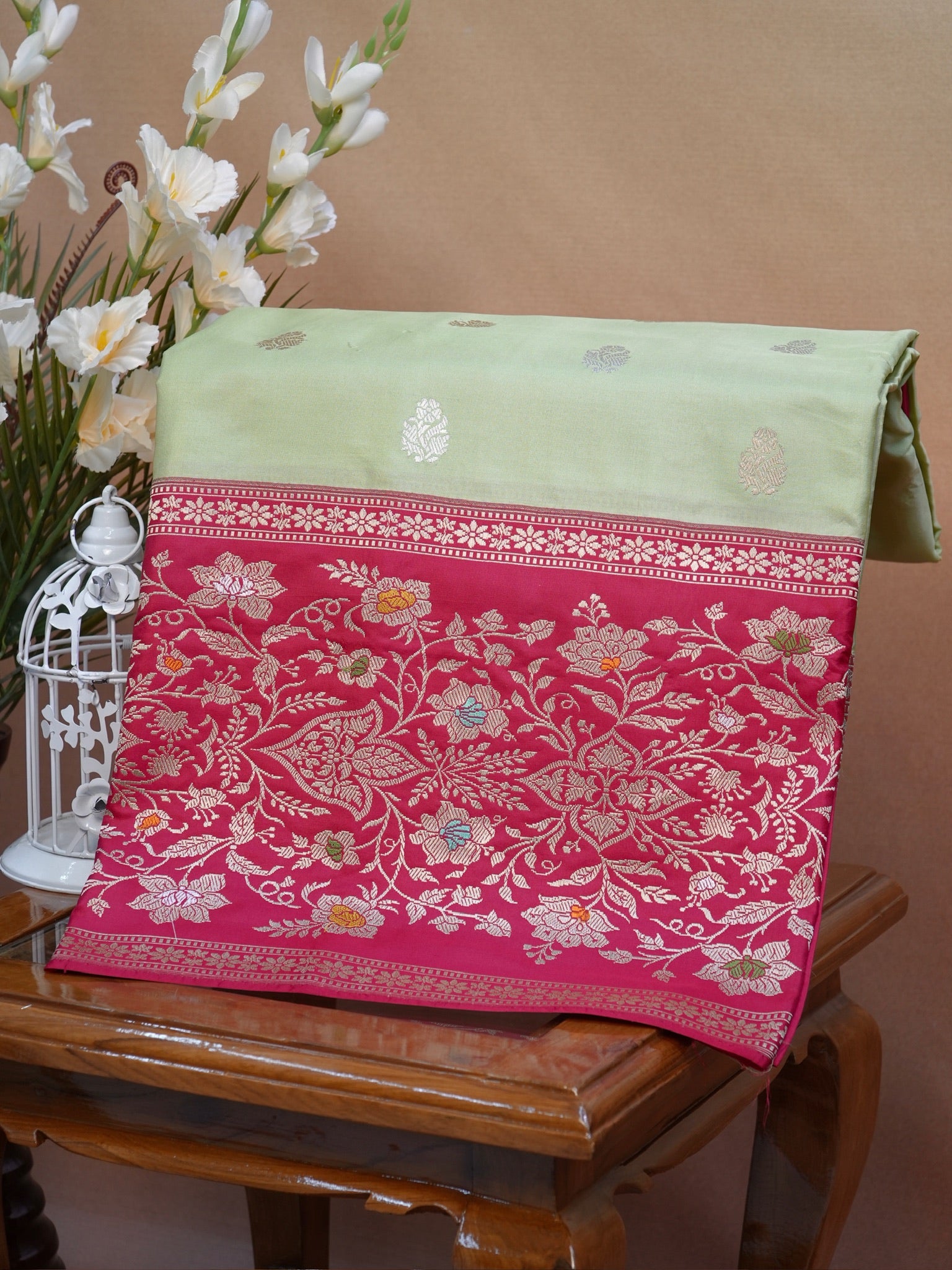 Pistachio Green & Rani Pink Banarasi Pure Katan Silk Kadhwa Saree with Tilfi Meenakari Border