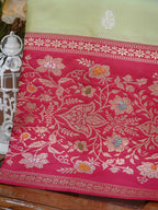 Pistachio Green & Rani Pink Banarasi Pure Katan Silk Kadhwa Saree with Tilfi Meenakari Border
