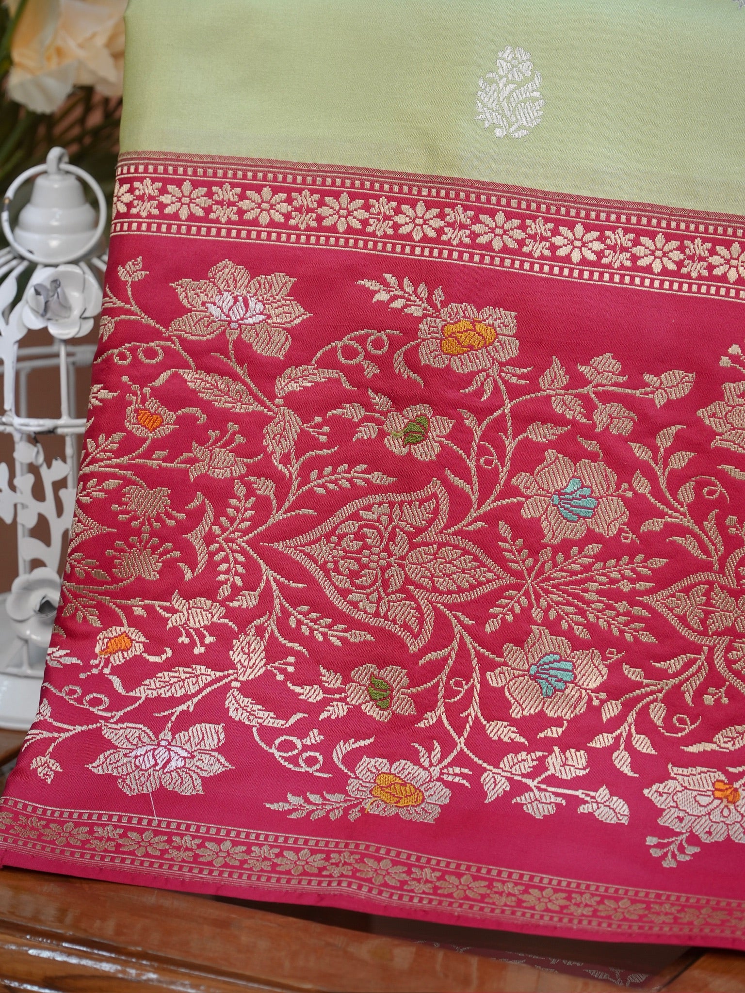 Pistachio Green & Rani Pink Banarasi Pure Katan Silk Kadhwa Saree with Tilfi Meenakari Border