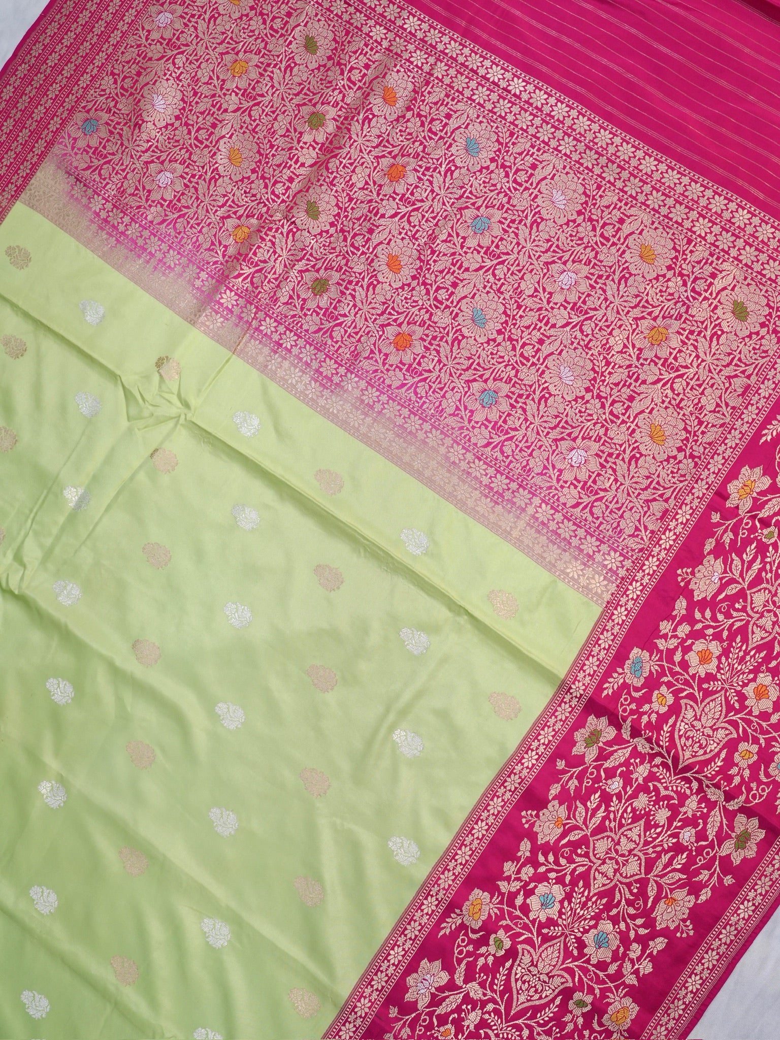 Pistachio Green & Rani Pink Banarasi Pure Katan Silk Kadhwa Saree with Tilfi Meenakari Border