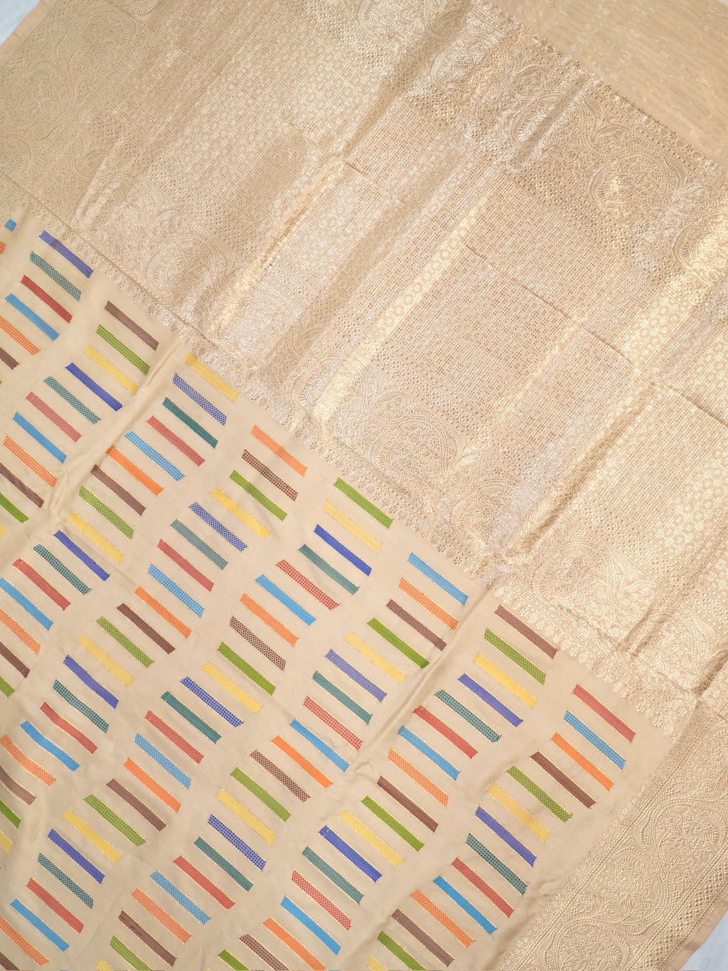 Beige Off-White Banarasi Pure Katan Silk Kadhwa Saree with Multi-Colored Geometric Stripes &amp; Silver Zari