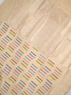 Beige Off-White Banarasi Pure Katan Silk Kadhwa Saree with Multi-Colored Geometric Stripes &amp; Silver Zari