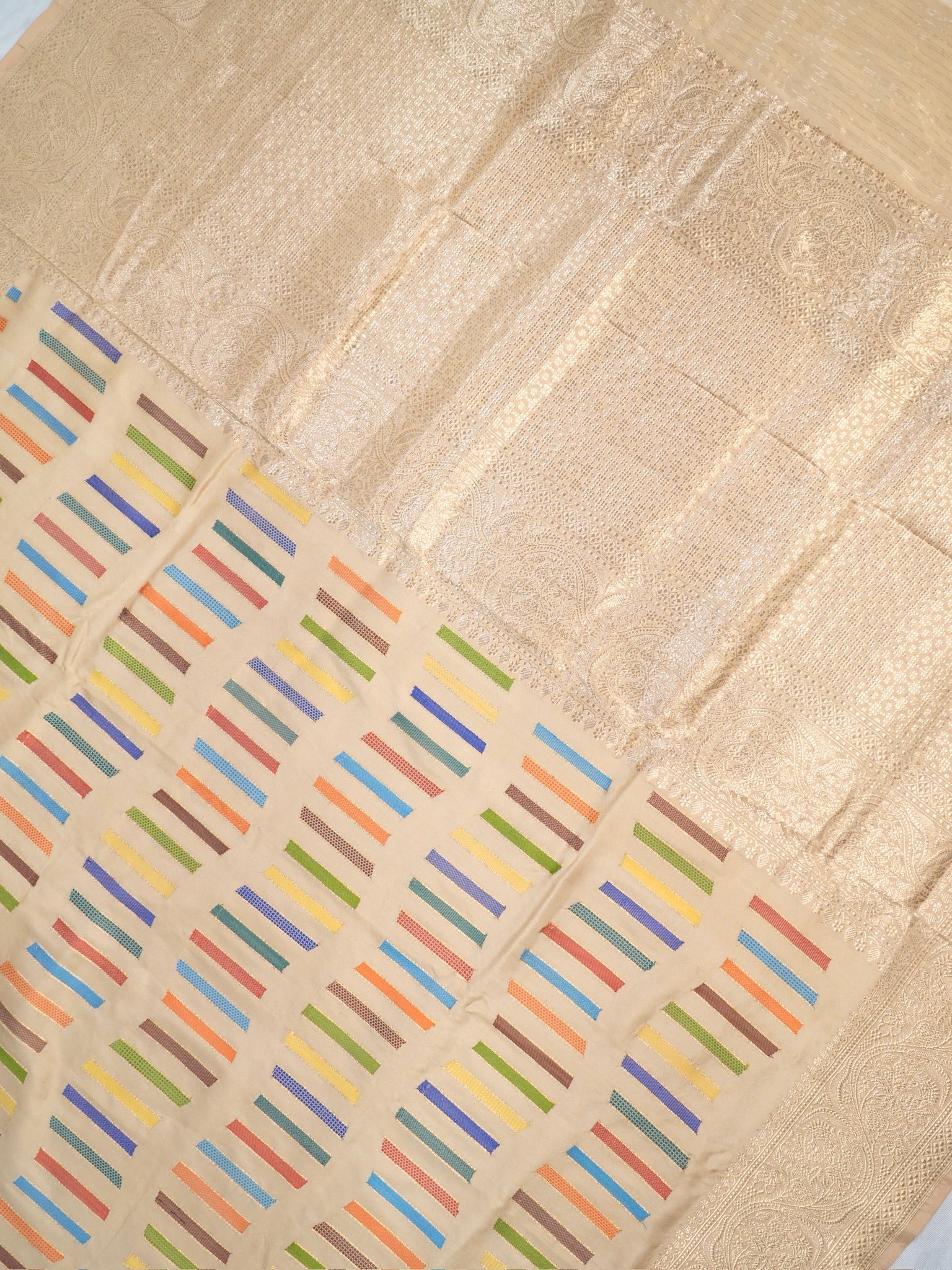Beige Off-White Banarasi Pure Katan Silk Kadhwa Saree with Multi-Colored Geometric Stripes &amp; Silver Zari