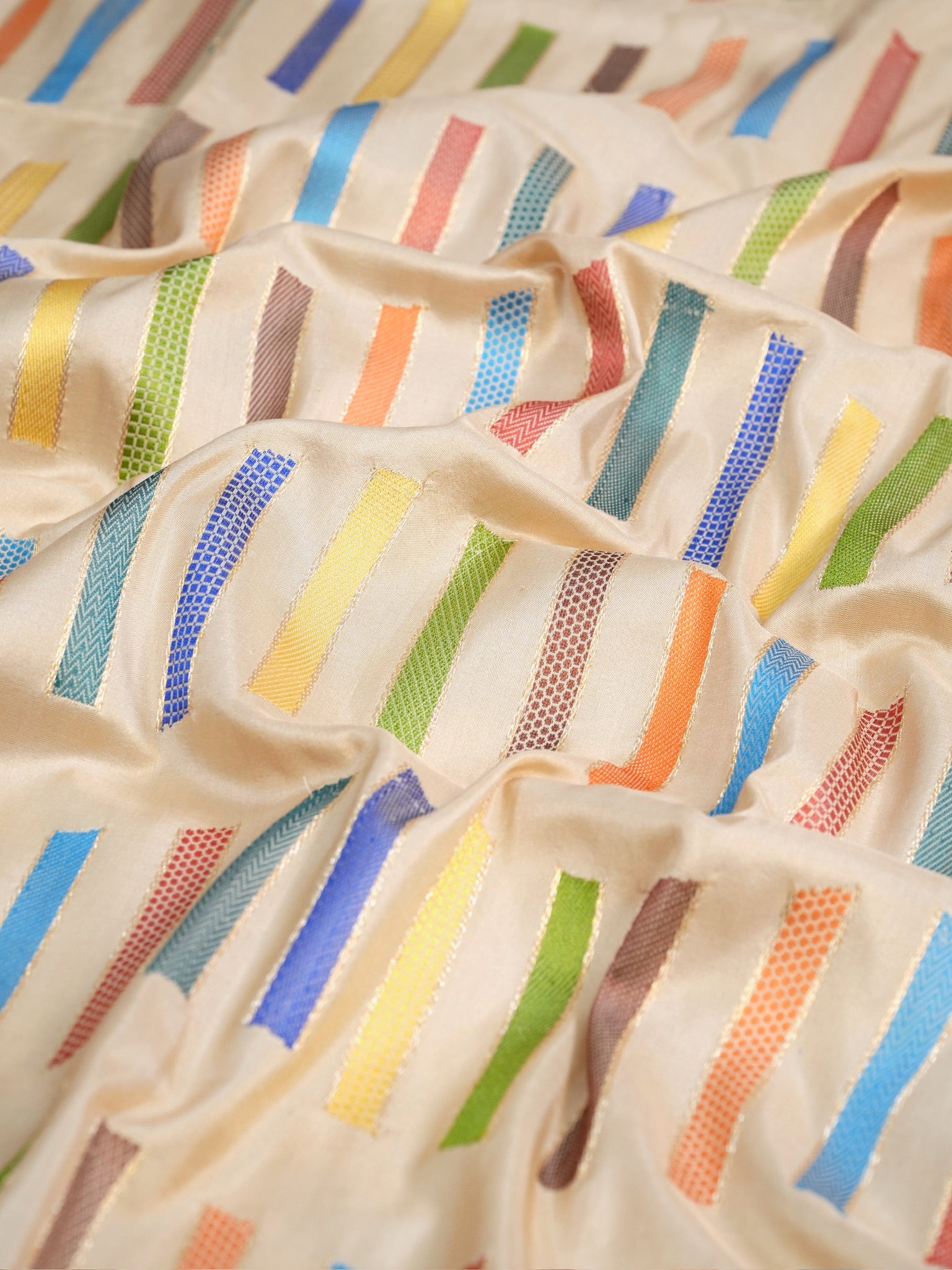Beige Off-White Banarasi Pure Katan Silk Kadhwa Saree with Multi-Colored Geometric Stripes &amp; Silver Zari