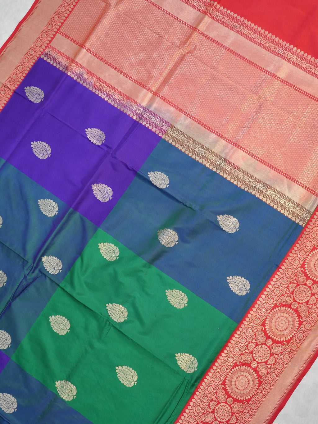 Color-Blocked Royal Blue, Teal & Emerald Green Banarasi Pure Katan Silk Kadhwa Saree with Contrast Red Pallu