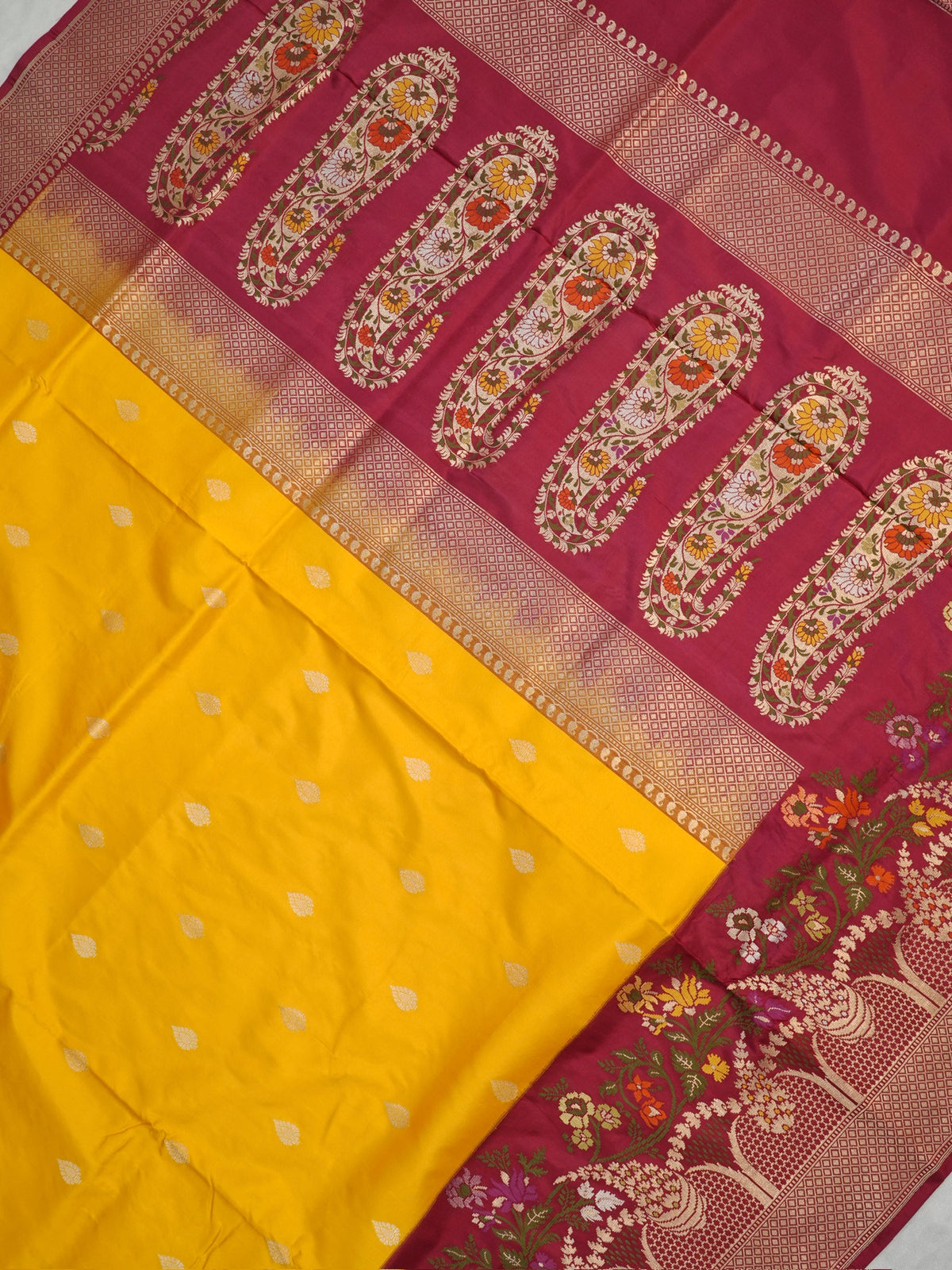 Bright Yellow & Magenta Banarasi Pure Katan Silk Tilfi Kadhwa Saree with Meenakari
