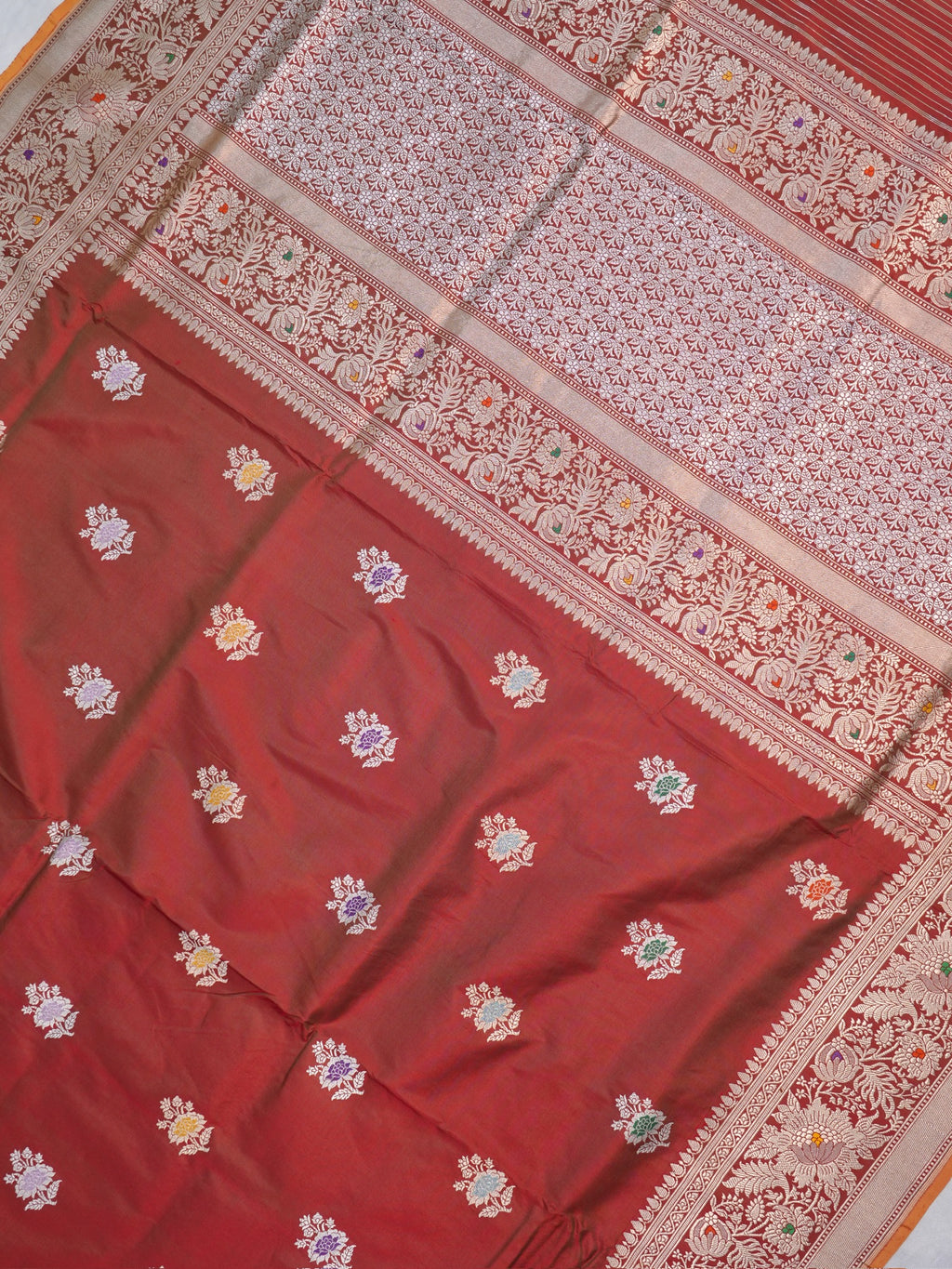 Dual-Tone Rust Red & Gold Banarasi Pure Katan Silk Tilfi Kadhwa Saree with Contrast Mustard Yellow Blouse