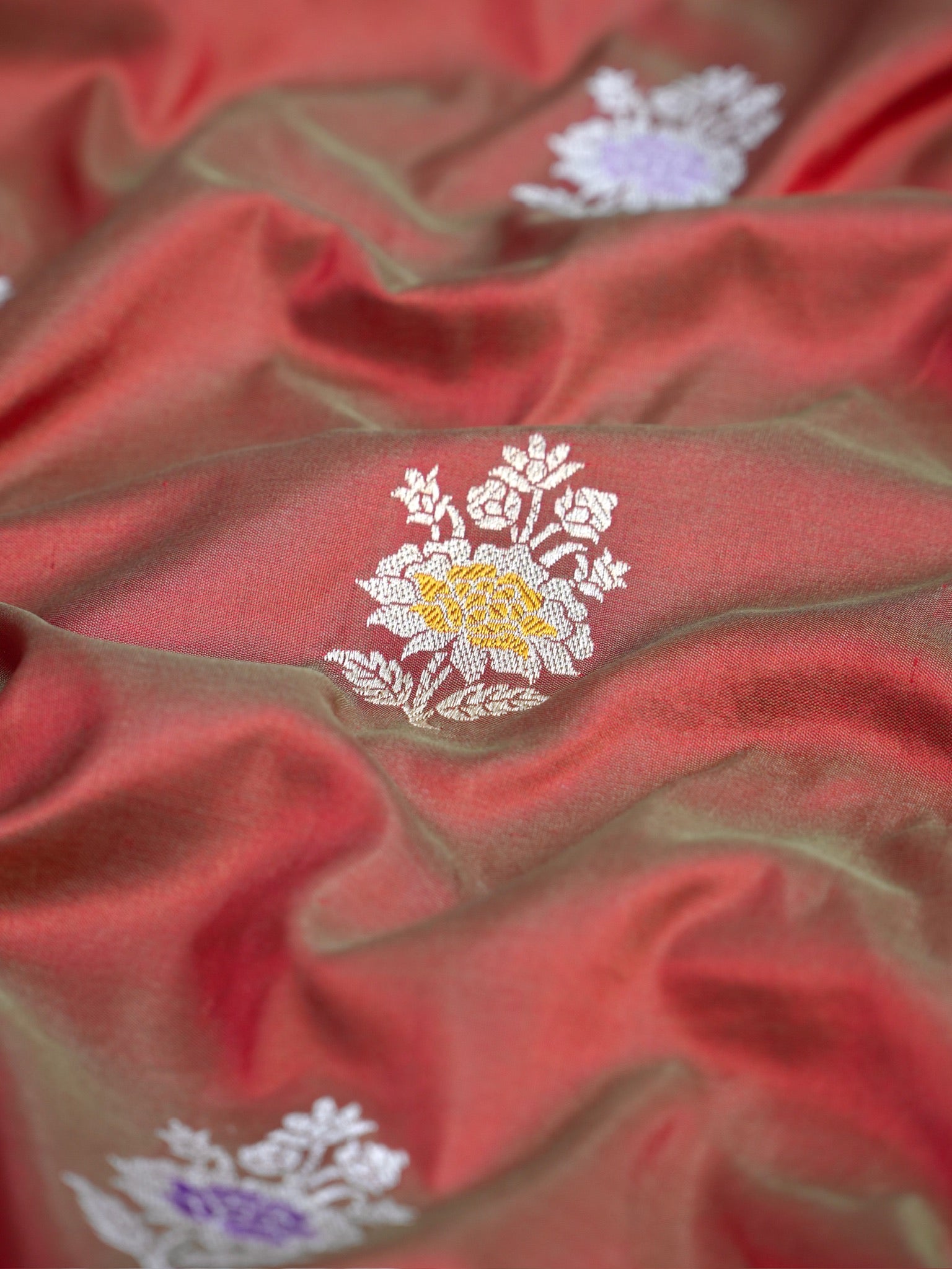 Dual-Tone Rust Red & Gold Banarasi Pure Katan Silk Tilfi Kadhwa Saree with Contrast Mustard Yellow Blouse