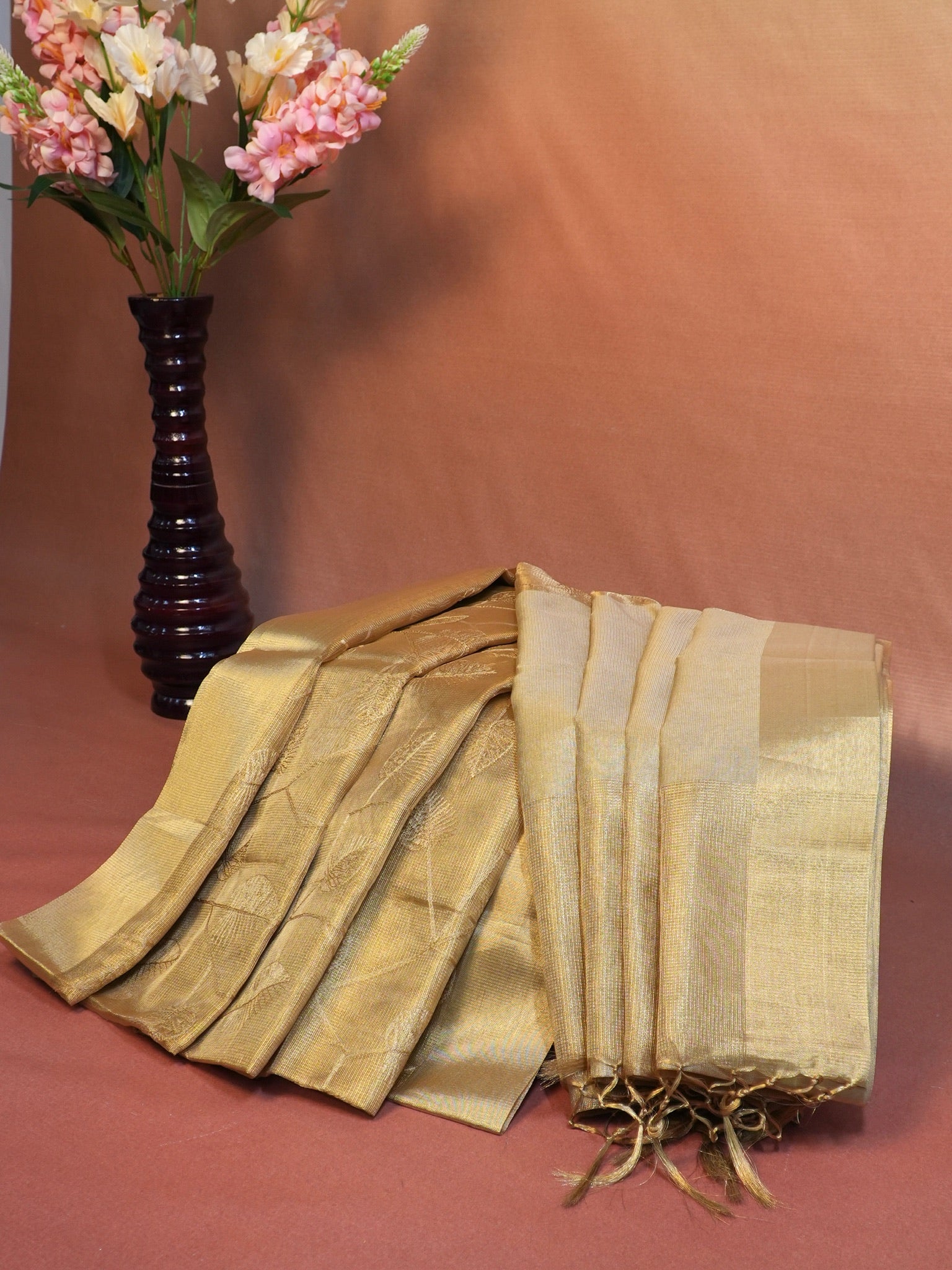 Tissue Silk Embroidered Saree – Golden Beige