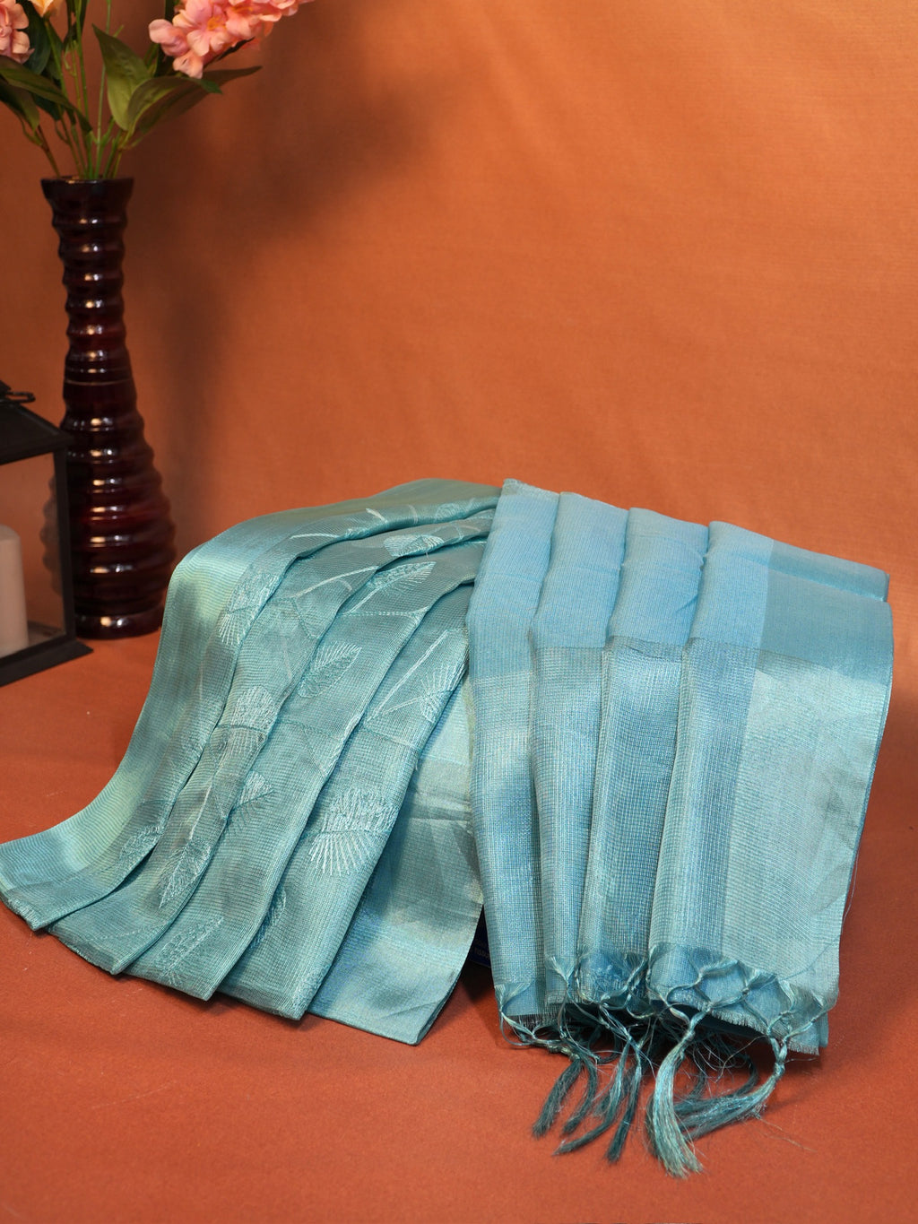 Tissue Silk Embroidered Saree – Aqua Blue
