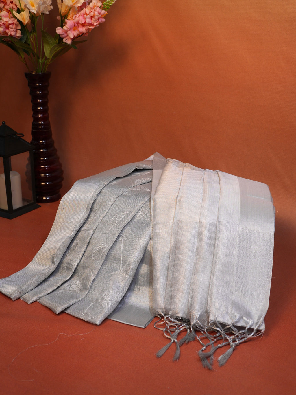 Tissue Silk Embroidered Saree – Silver White