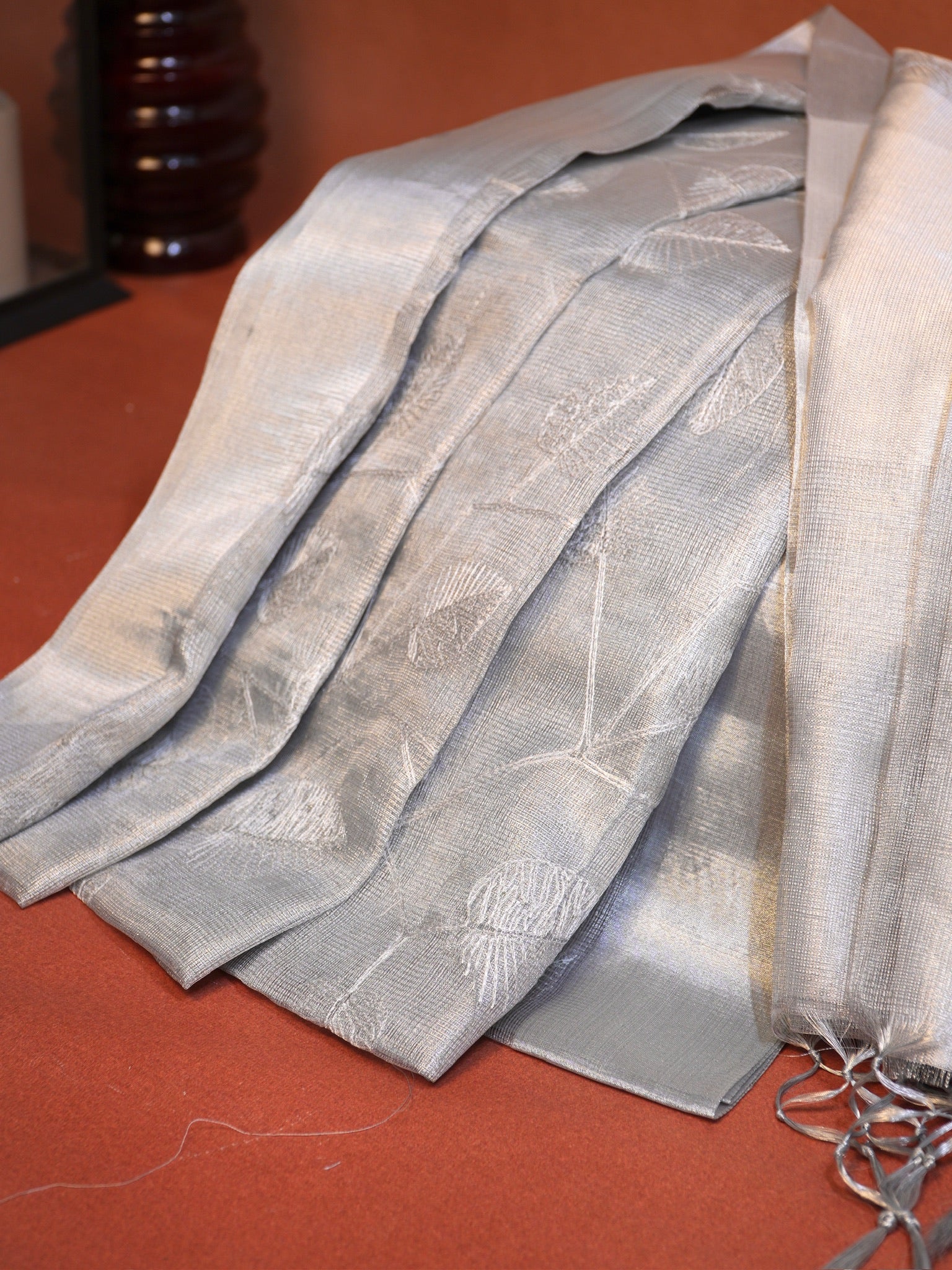Tissue Silk Embroidered Saree – Silver White