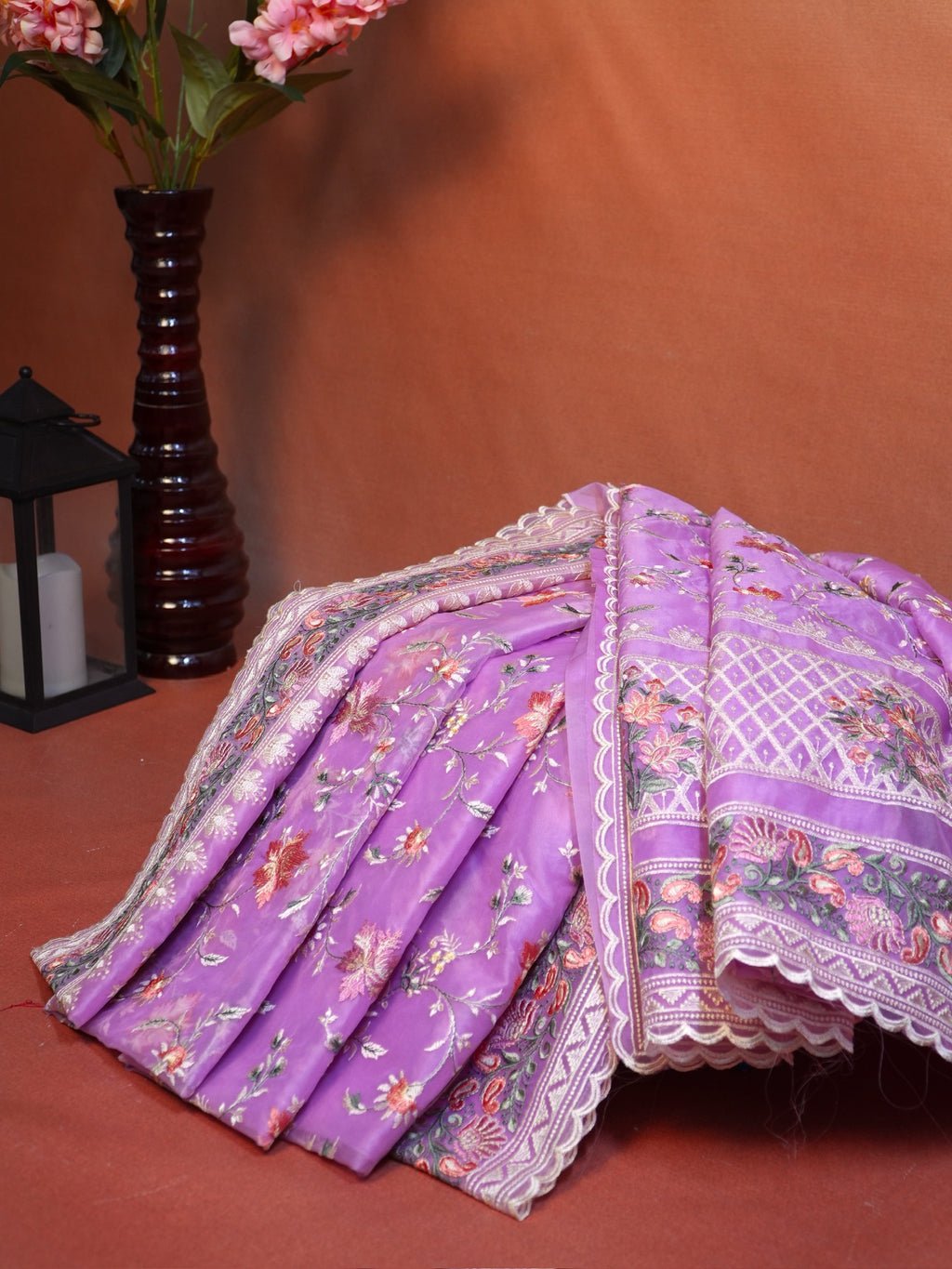 Organza Soft Silk Lavender Saree with Intricate Floral Embroidery