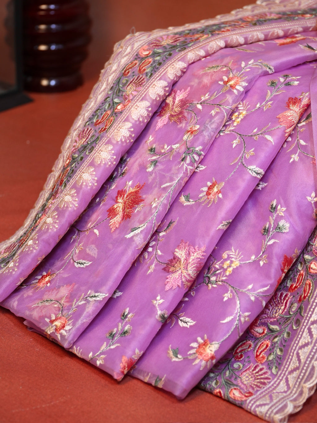 Organza Soft Silk Lavender Saree with Intricate Floral Embroidery