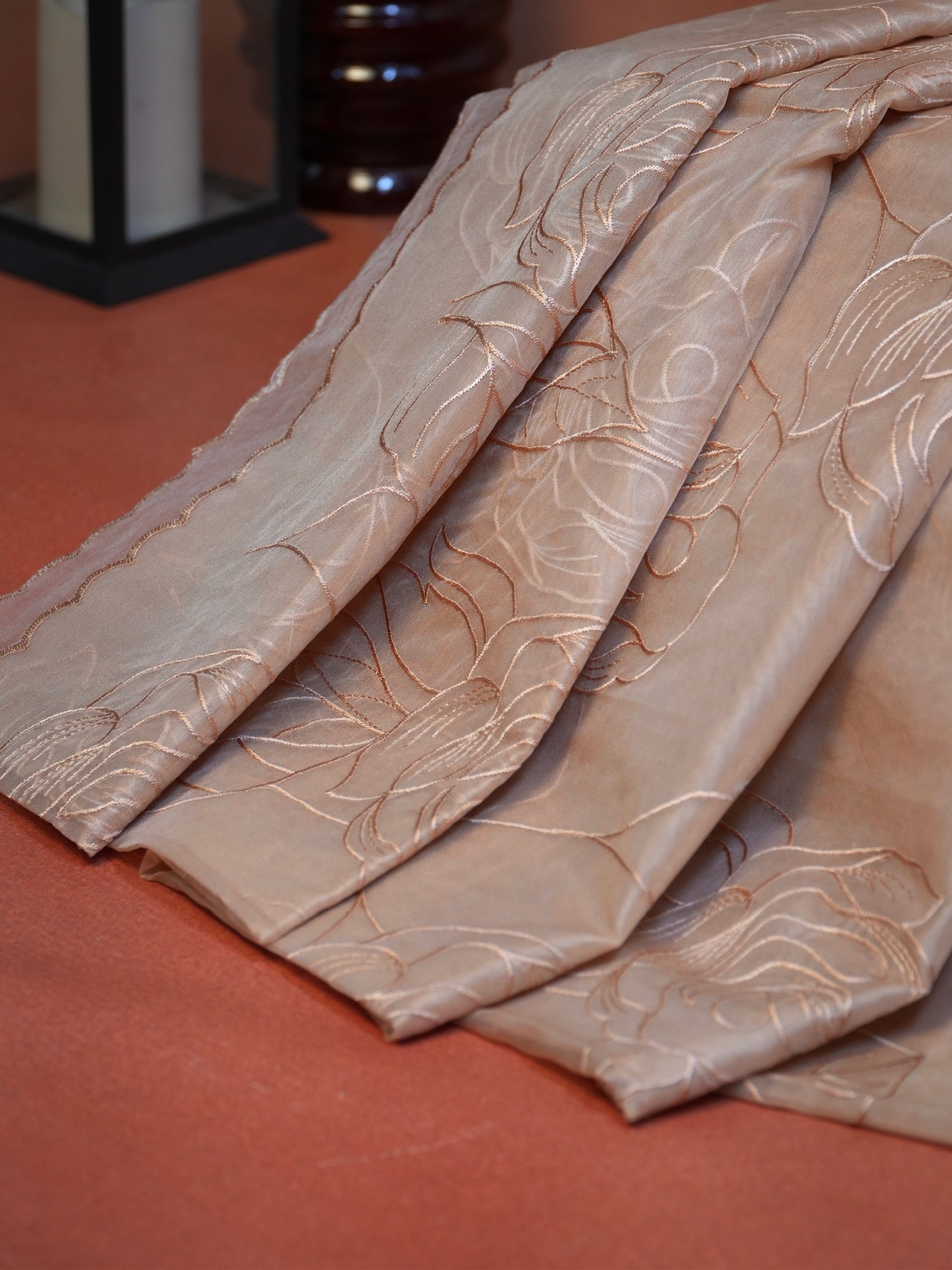 Blush Peach Soft Silk Floral Embroidered Saree