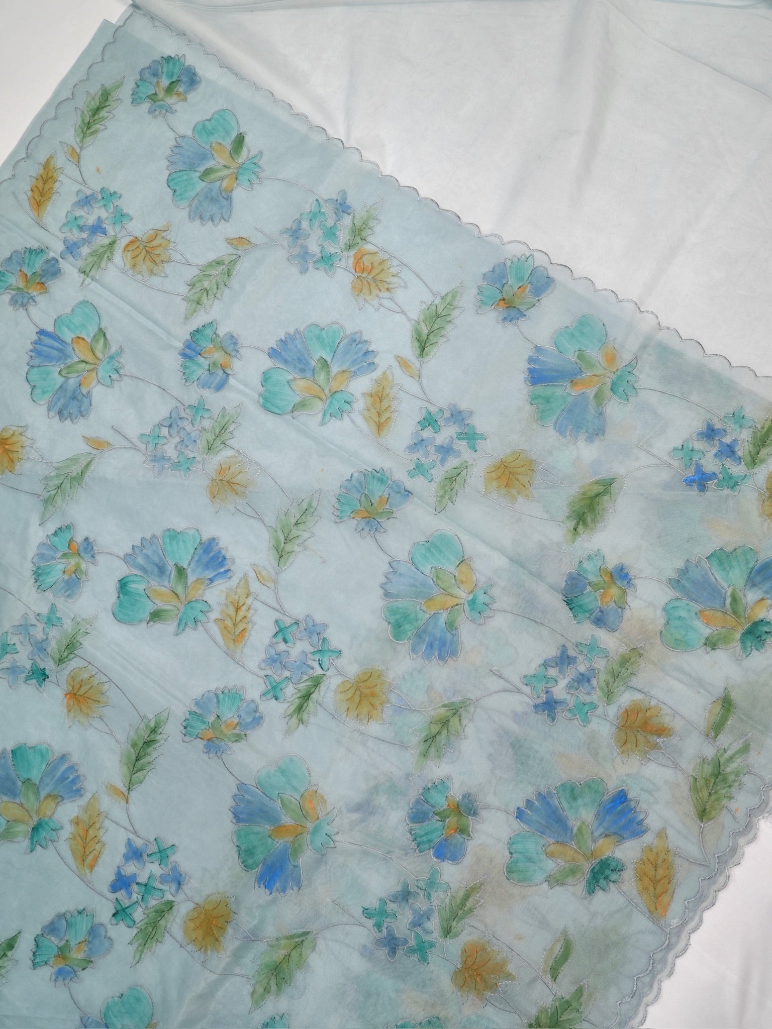 Serene Ice Blue Organza Soft Silk Floral Embroidered Saree