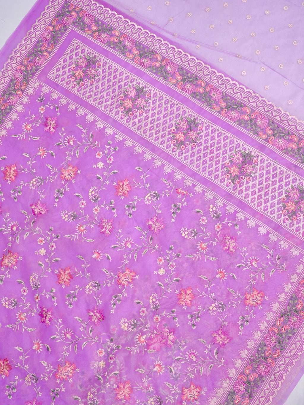 Organza Soft Silk Lavender Saree with Intricate Floral Embroidery